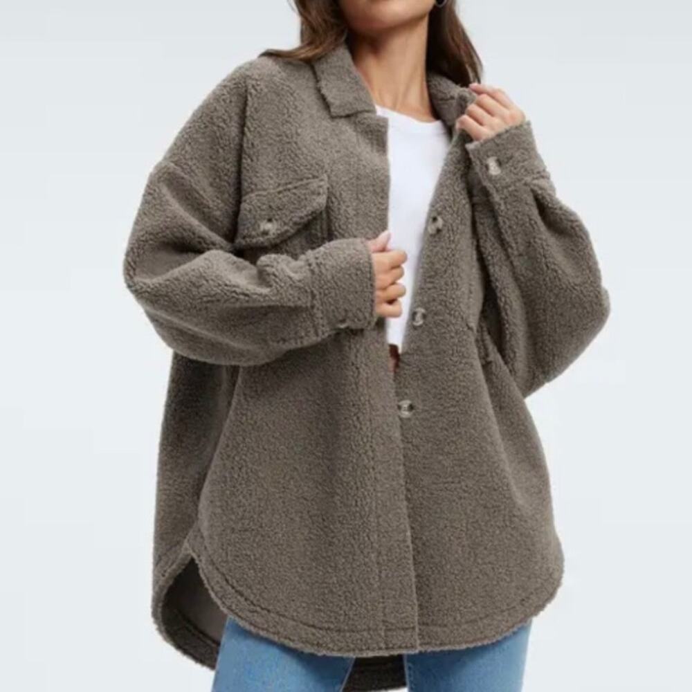 Good American Oversized Sherpa Shacket in Taupe